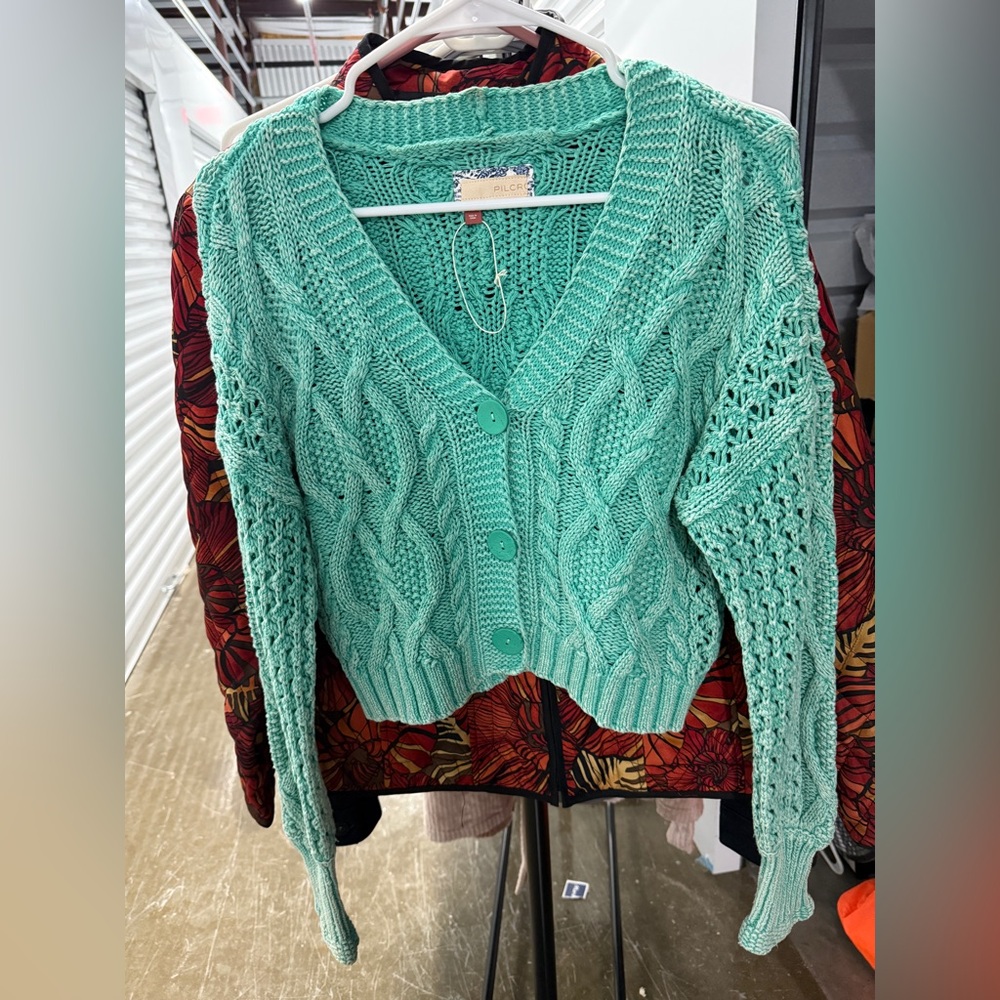 98% Cotton Pilcro Mint Green Cable Knit Cardigan Size XS